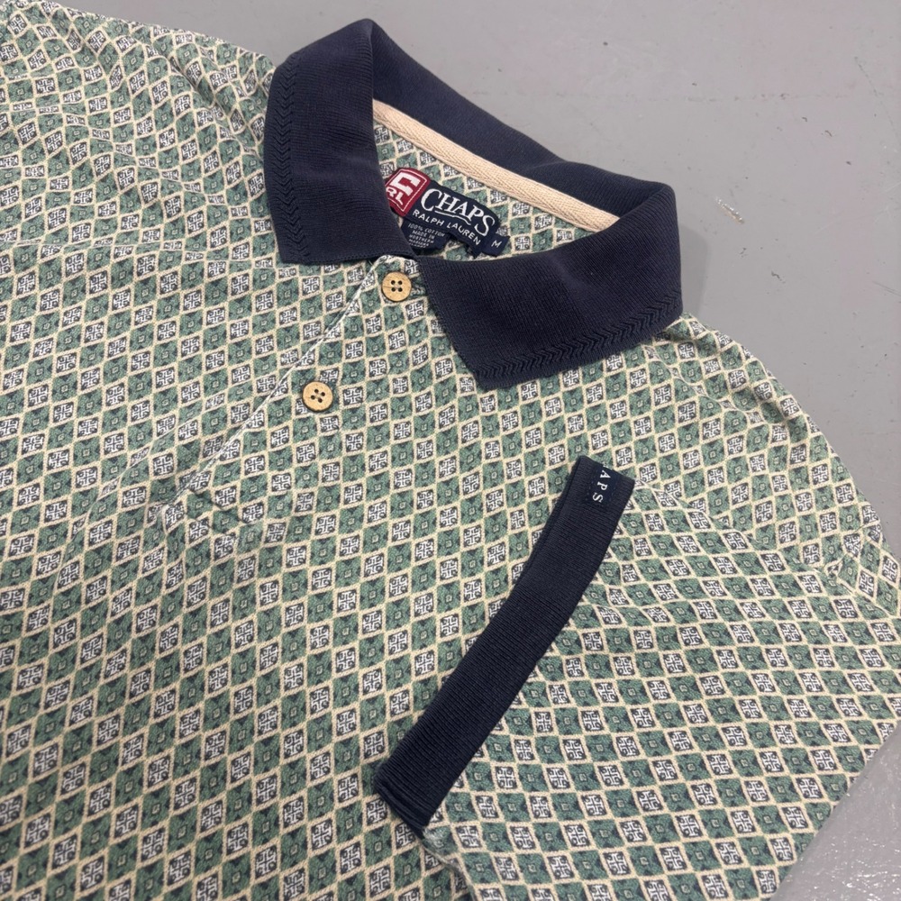 Vintage Chaps Ralph Lauren Mens Green Geometric Diamond Print Polo Shirt Medium